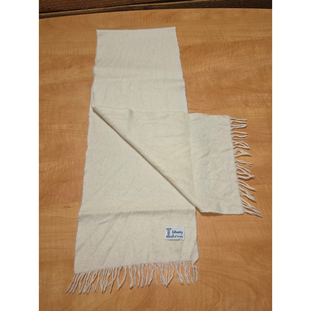 Liberty of London Vintage Cream Wool Fringe Scarf Rectangular Winter Wrap Ivory